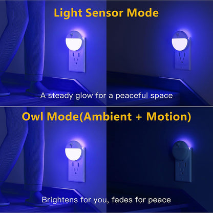 YUNLEX 2 Pack Plug in Sleep Night Light with Motion Sensor and Dusk to Dawn Sensor, 3 Modes, Soft Glow, Stepless Dimming, LED Lights for Bedroom, Sleep, Baby Nursery, Kids, Toddler, Home Decor (Amber)