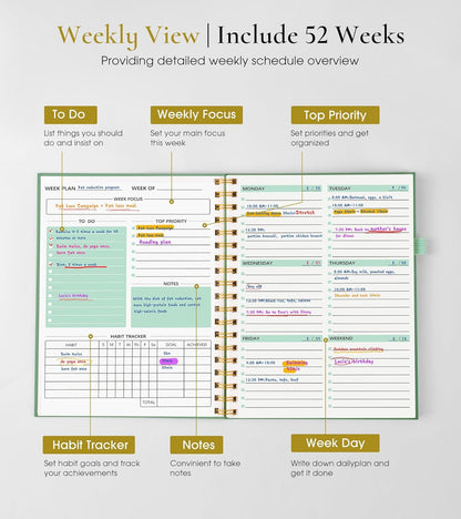 Undated Weekly and Monthly Planner, B5 Large Weekly To Do List Notebook with Goal & Habit Tracker Organizer, Hardcover Spiral Bound Blank Monthly Planner for Work School Home 7.4" x 9.64" Black