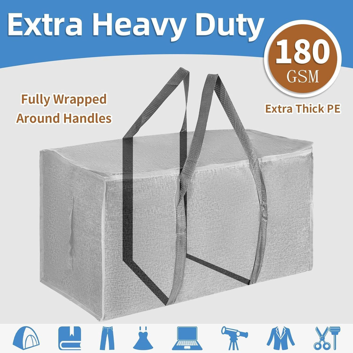 Moving Bags Extra Large - Heavy Duty Storage Totes with Wrap-Around Handles & Reinforced Zippers - Foldable Moving Box Alternative, Water-Resistant for Dorm, Closet & Under Bed Storage (Clear)