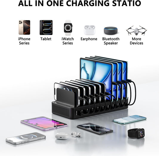 USB C Charging Station for Multiple Devices, 10-Port 100W Charging Dock, with Adjustable Dividers, USB-C Power Hub, Compatible with iPhone/Samsung/Google/Tablets/USB Devices (with 10 Cables)
