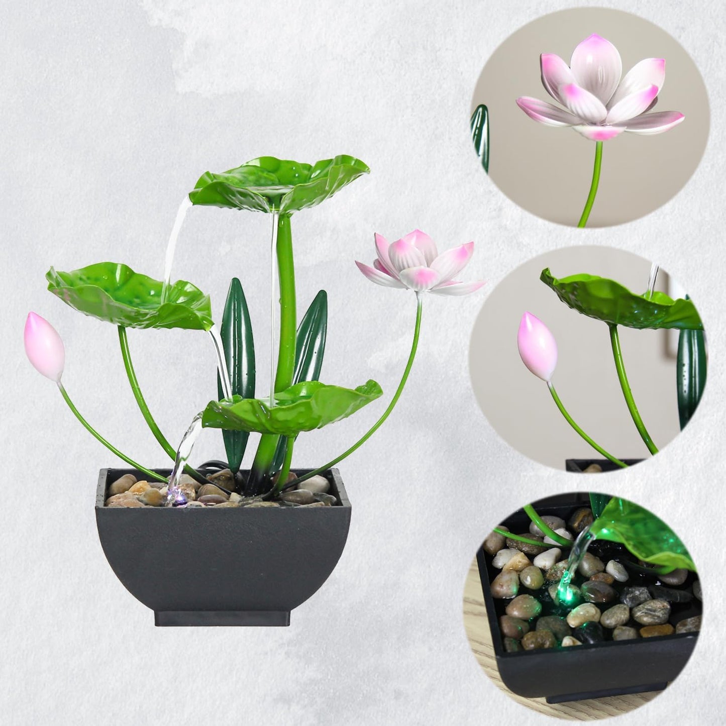 Water Fountain Indoor Waterfall Fountain 3-Tier Tabletop Fountain Lotus Desk Relaxation Home Decor Including Lots of Rocks and Soothing Sound Machine (Green 1)