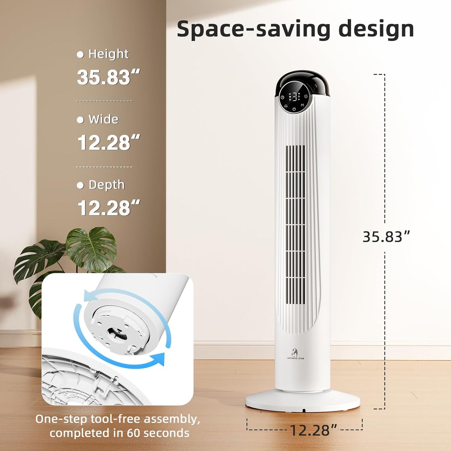 Antarctic Star T36 Tower Fan-36 Inch, Bladeless Oscillating Fan with Remote, 6 Speeds & 4 Modes, LED Display, 9H Timer, Quiet Floor Standing Fan for Bedroom Living Room Office, Pink