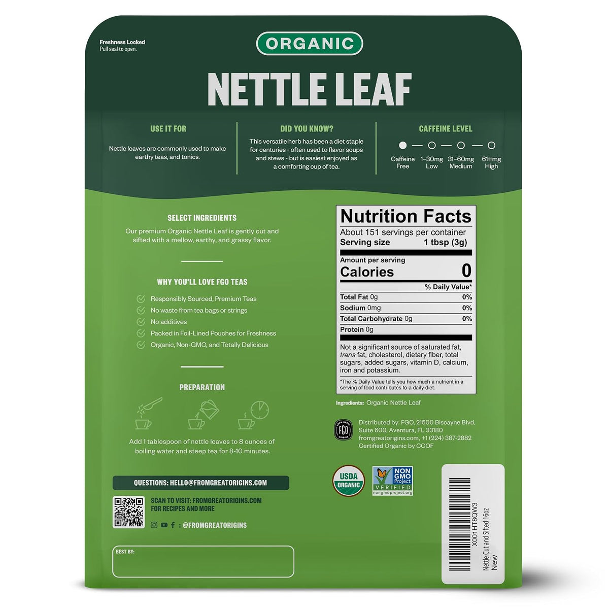 FGO Organic Nettle Leaf Loose Tea, Cut and Sifted, Caffeine Free, 16oz Bulk Resealable Bag, Packaging May Vary (Pack of 1)