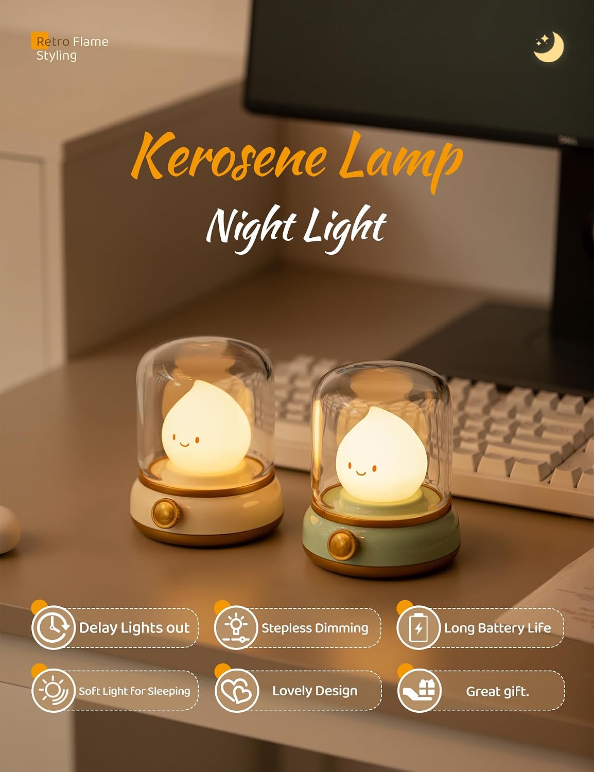 WANIDEA Flameless Candles Lamp, Led Candles,Cute Kerosene Lamp,Silicone Flame Amber Light,Adjustable Dimmable Rechargeable Night Light for Kids,Girls,Teenager Kids Bedroom Christmas