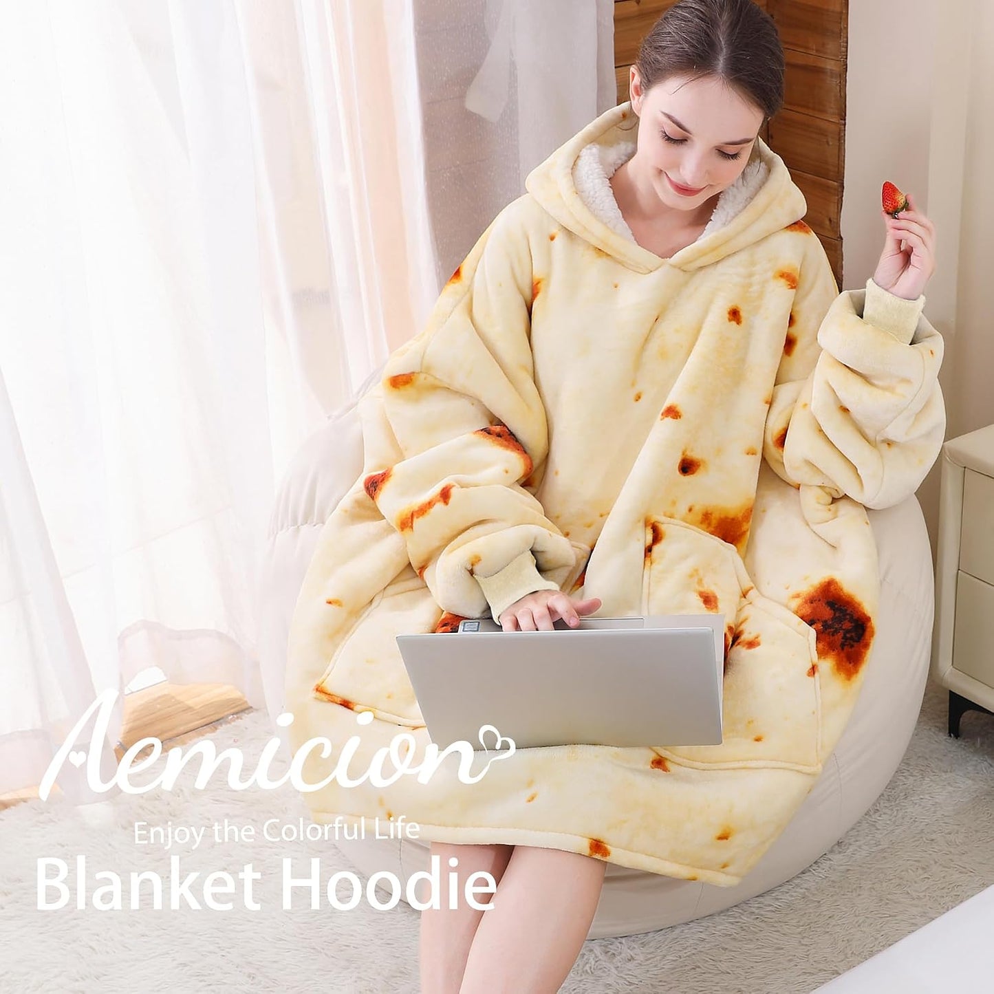 Aemicion Strawberry Blanket Hoodie,Oversized Sherpa Wearable Hooded Blanket,Warm Cozy Sweatshirt Gifts for Women Girls Adult