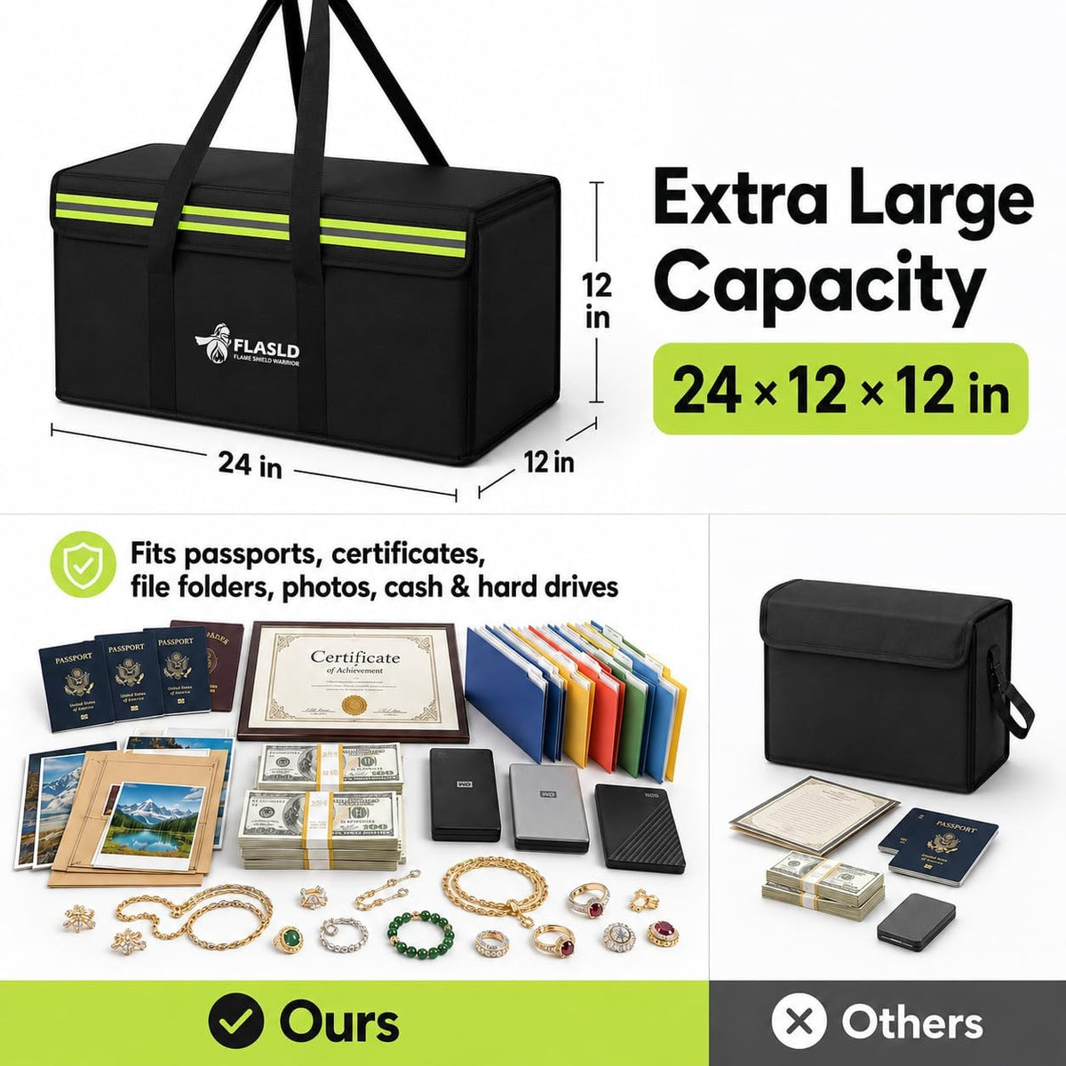 FLASLD Large Fireproof Document Bags, 24x12x12” Waterproof Storage Firesafe Bag, Fireproof Folder Safe Box for Cash, Valuables & Passport, Silicone Coating & Zipper Closure