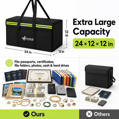 FLASLD Large Fireproof Document Bags, 24x12x12” Waterproof Storage Firesafe Bag, Fireproof Folder Safe Box for Cash, Valuables & Passport, Silicone Coating & Zipper Closure
