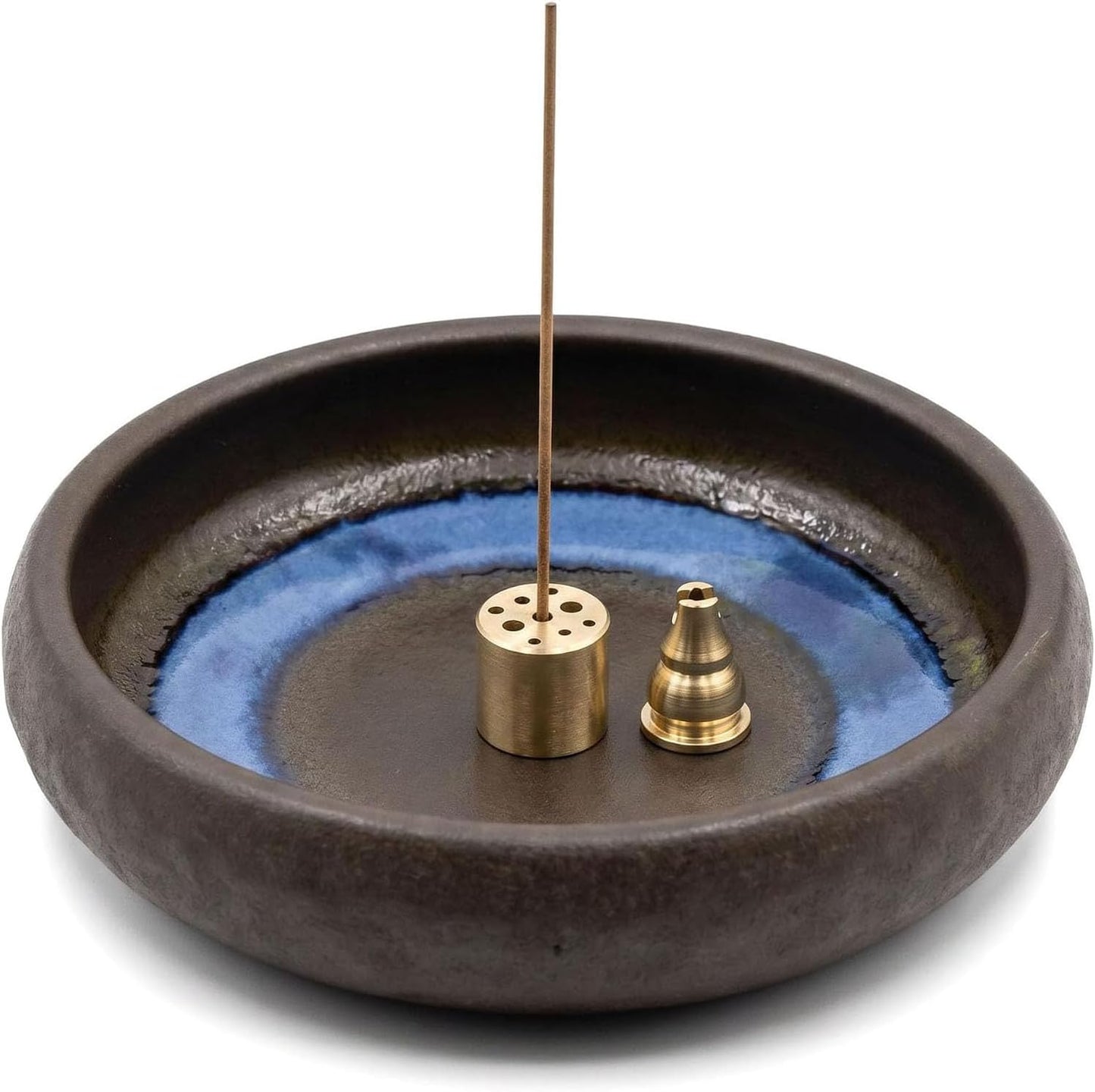 6 Inch Incense Holder with Ash Catcher,Handmade Crack Blue Glaze Ceramic Incense Burner Bowl with 9-Hole Design for Sticks,Cones,Coils Sage,Palo Santo - Perfect for Meditation,Yoga & Zen Home Décor