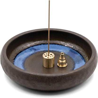 6 Inch Incense Holder with Ash Catcher,Handmade Crack Blue Glaze Ceramic Incense Burner Bowl with 9-Hole Design for Sticks,Cones,Coils Sage,Palo Santo - Perfect for Meditation,Yoga & Zen Home Décor