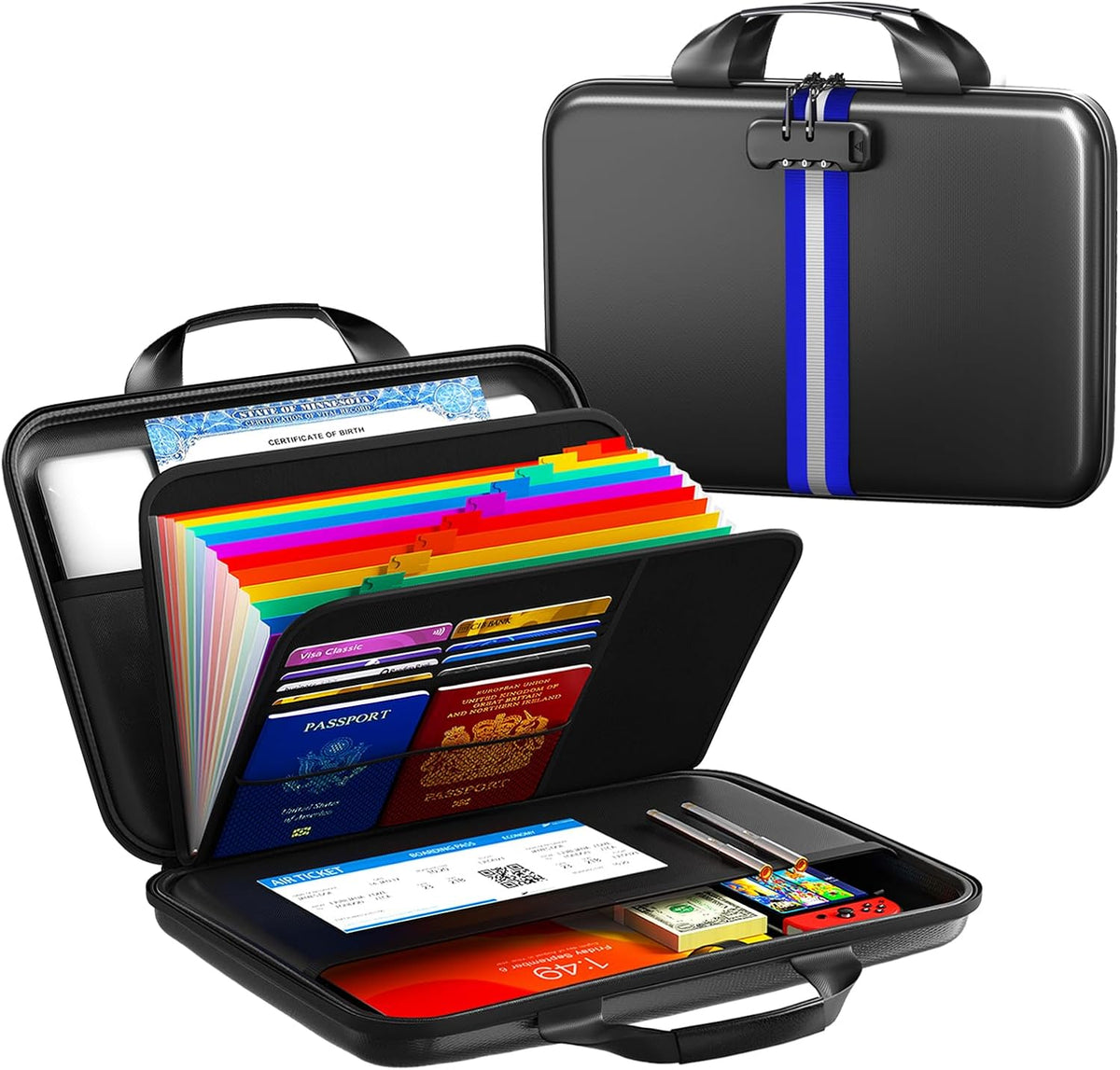 Fireproof Document Organizer with Lock, Semi-Rigid EVA Shell File Box with 13-Pocket Accordion Folder, Water-Resistant Storage for Important Documents, Passports & Certificates