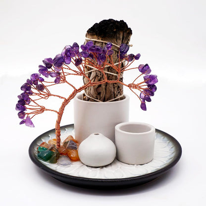 5 in 1 Incense Burner Holder with Crystal Healing Tree, Palo Santo Holder, Sage Holder, Incense Holder for Sticks/Cones/Candles, Ceramic Tray Ash Catcher for Burning Incense, Meditation Gift