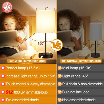 Set of 2 Touch Control Table Lamps with 2 USB & AC Outlet, 3-Way Dimmable Bedside Nightstand Lamps for Bedroom Living Room Nursery, 800 Lumens 5000K Daylight Bulbs Included