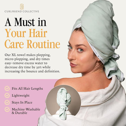 Curlfriend Collective Cotton Cloud T-Shirt Hair Towel Duo – Sage The Day Hair Towel Wrap for Women, XL + Mini Hair Drying Towels for Curly Hair, No-Slip Plopping Towel, Ultra Absorbent Cotton