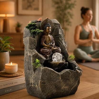 Indoor Tabletop Water Fountain with LED Light, Resin Rock-Look Waterfall Decor, Feng Shui Inspired Zen Fountain for Desk, Office, Bedroom, Living Room & Meditation Space (9" Cascading Rock)