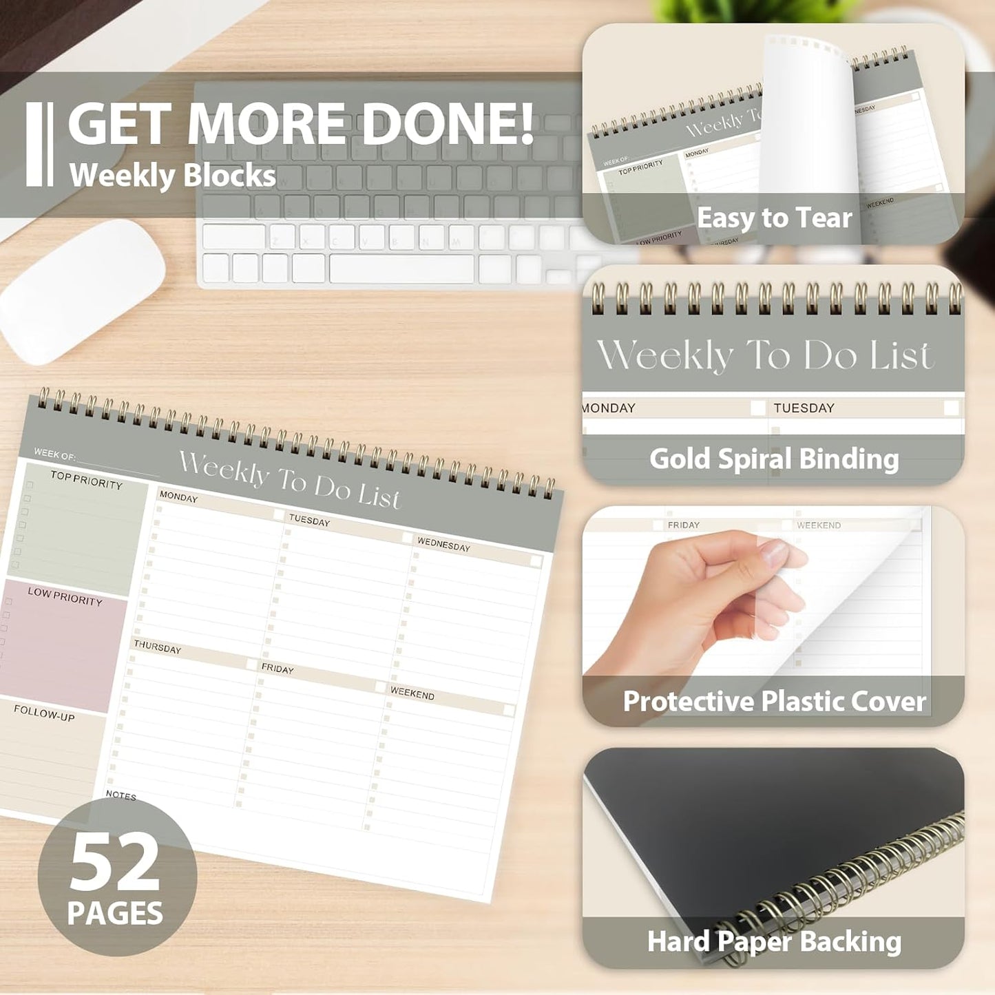 Weekly To Do List Notepad, Undated Planner with 52 Sheets (8.5''x11'') | Desk Accessories and Supplies, Women & Man, Home School & Work