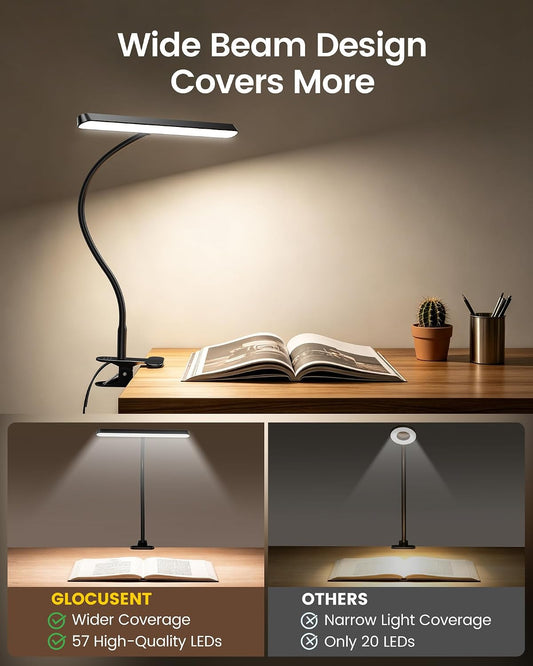 Glocusent 7W Horizontal Clip on Light, 57 LED Eye Caring Reading Light, 5 Brightness & 3 Colors with Amber Mode for Bedside Reading, 2.75" Clamp & 30Min Timer, USB Powered Clip on Lamp for Work, Craft