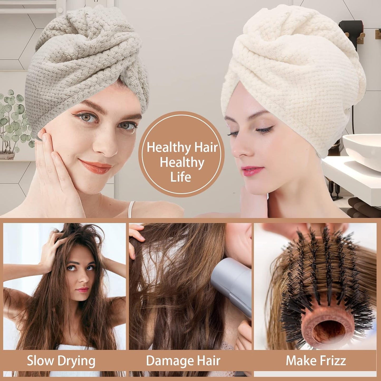 CZZXI 3 PCS Microfiber Hair Towel, Hair Wraps for Women Wet Hair, Fast Drying Hair Turban, Anti Frizz Head Towels Wrap for Curly Hair (Purple, Pink, Blue)