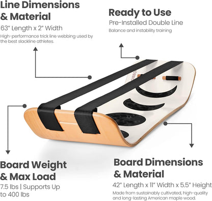 GIBBON SlackBoard - GiBoard Balance Board - Gift for Kids & Adults - 1 & 2 Line Options - Slackline Balance Trainer for Core Workouts, Standing Desk Exercise, Home Gym, Yoga & More