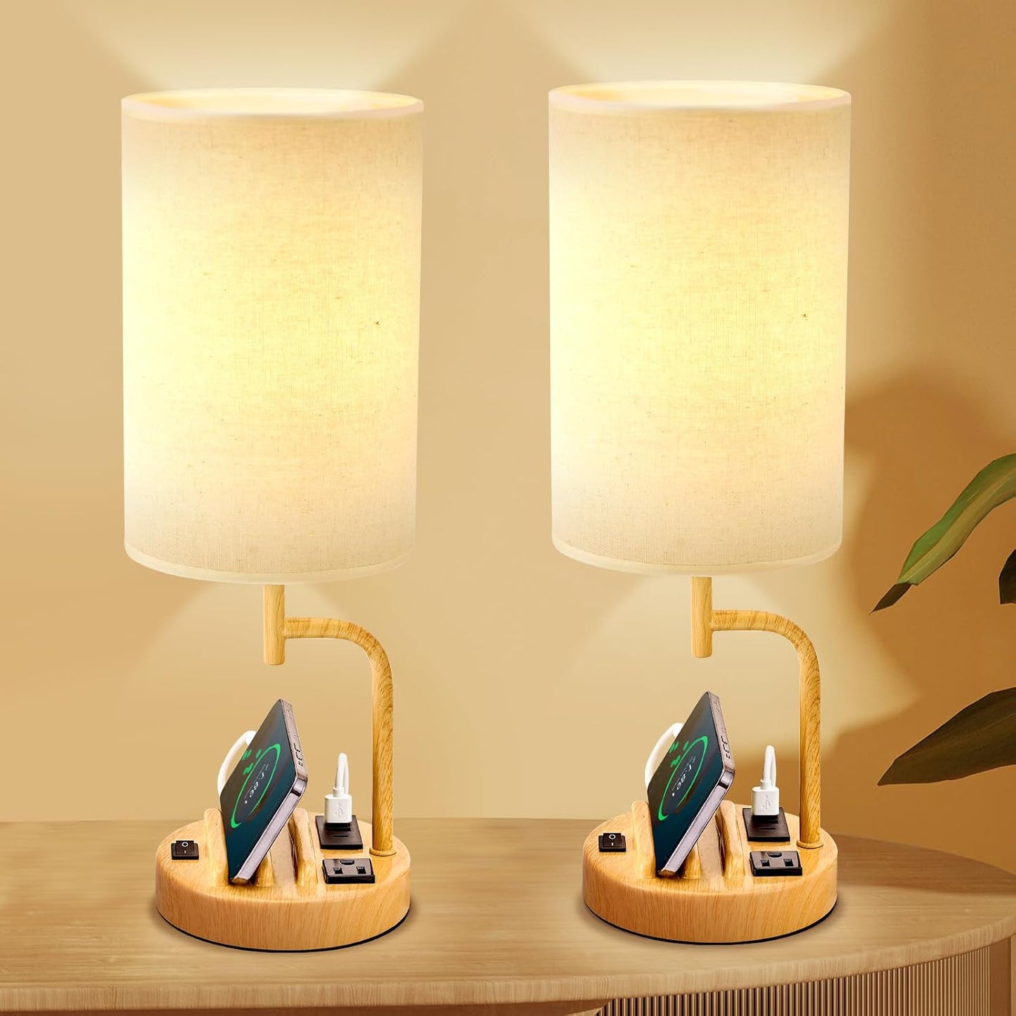 Dreamholder Table Lamp with 3 USB Charging Ports, Modern Desk Lamp with AC Outlet and Phone Stands, Perfect Bedside Lamp for Bedroom, Living Room, Office (Pack of 2), Cream