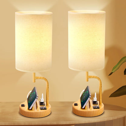 Dreamholder Table Lamp with 3 USB Charging Ports, Modern Desk Lamp with AC Outlet and Phone Stands, Perfect Bedside Lamp for Bedroom, Living Room, Office (Pack of 2), Cream