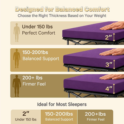CYMULA Camping Cot Pad 2 Inch Memory Foam, Camping Pad for Folding Cot and Foldable Cot, Portable Roll Up Camp Gear for Car Camping Travel Tent, Non-Slip Waterproof Bottom, Removable Cover, Pad Only