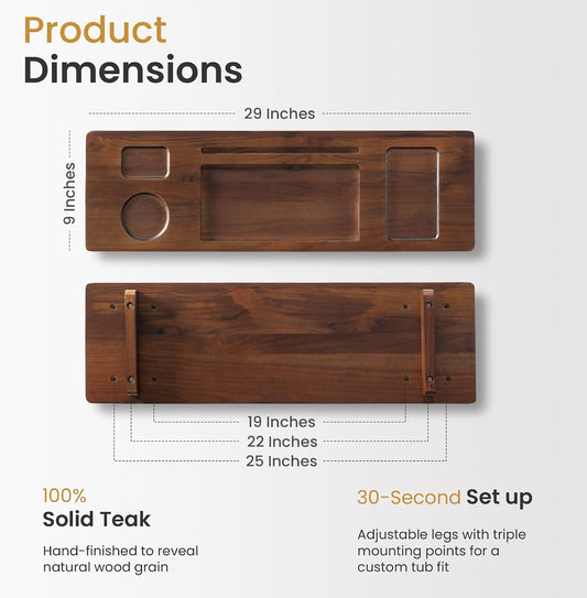 Teak Bathtub Tray for Freestanding Tubs - 35" Heavy-Duty Luxury Bath Caddy, Non-Slip Zero-Wobble Design, Water-Resistant Spa Organizer with Wine Glass & Phone Holder
