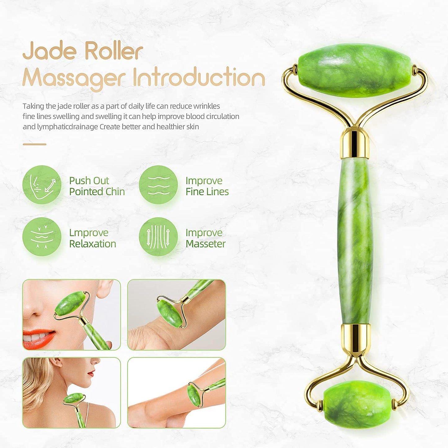 AECW 3-in-1 Natural Jade Roller and Gua Sha Set for Face and Eye Ice Roller Facial Cooling Massage Roller