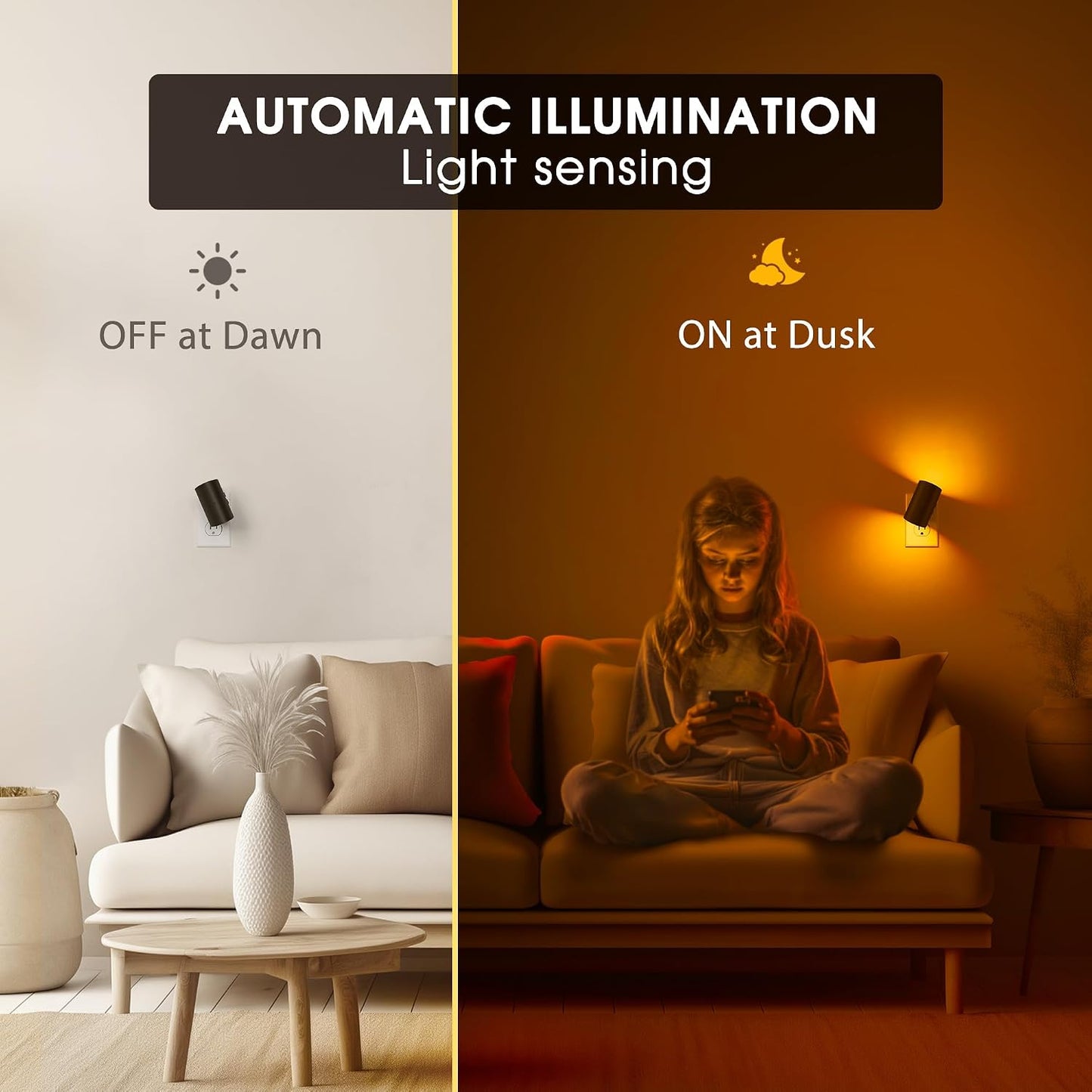 Briignite Night Lights Plug into Wall, Modern LED Night Light Plug in, Dusk to Dawn Sensor,Amber Night Light 0-100LM Adjustable Brightness, Dimmable NightLight for Hallway, Bedroom, Stairway, 2 Pack