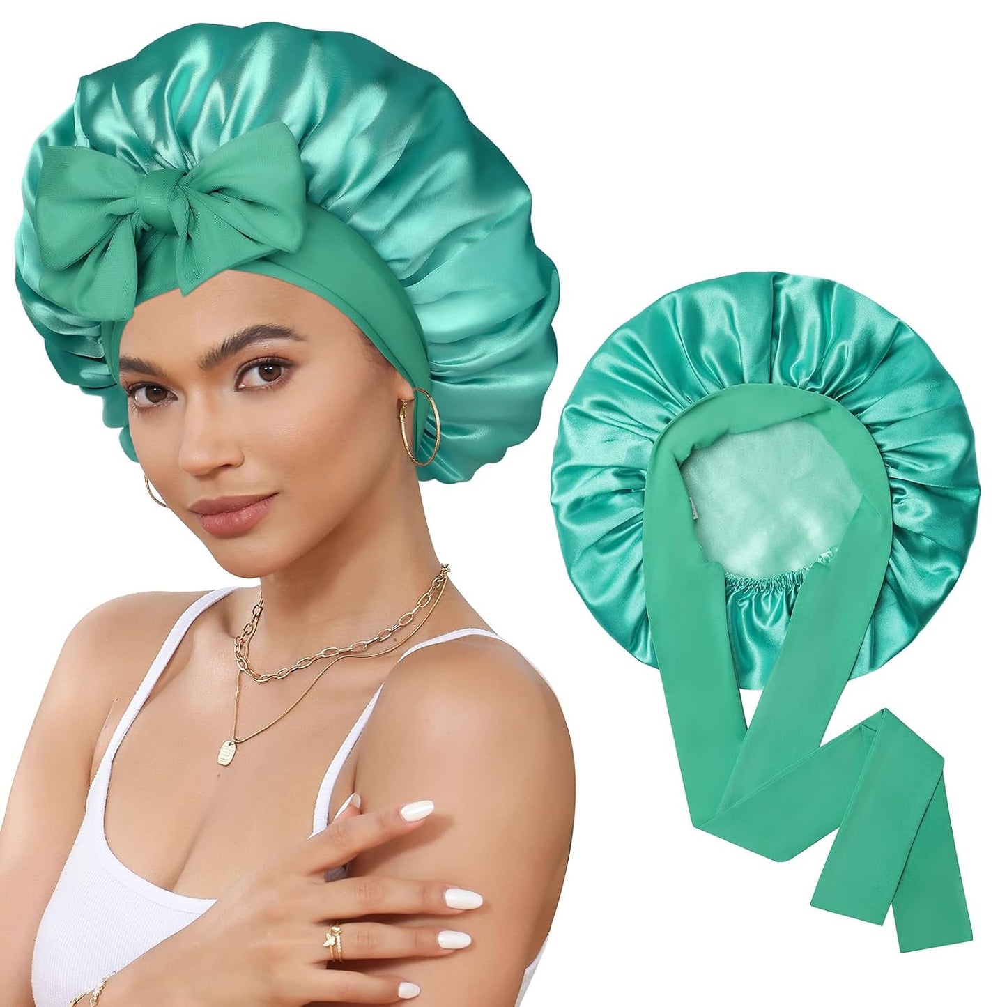 Satin Bonnet for Sleeping Cap Double Layer Hair Bonnet with Elastic Tie Band for Curly Hair Night Cap (Bean Paste + Pink)