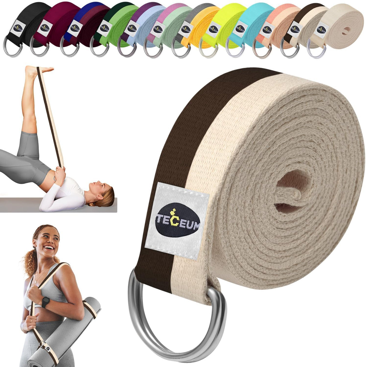 TECEUM 2 IN 1 Yoga & Mat Strap for Stretching – Cotton – 6/8/10 ft