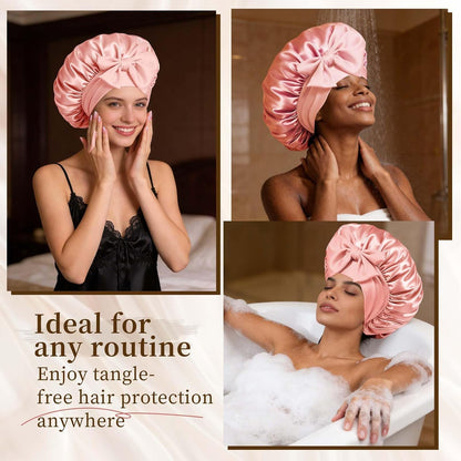 Silk Bonnet Satin Bonnet for Sleeping Large Bonnets with Tie Band Hair Wrap with Adjustable Straps Hair Cap for Women Curly Black