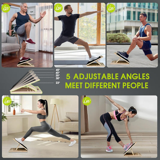 Slant Board, Wooden 5‑Angle Calf Stretcher Non‑Slip for Plantar Fasciitis & Achilles Pain Relief, 350 LBS Portable Therapy Foot Stretcher with Training Poster, Relief Leg Heel Ankle Pain