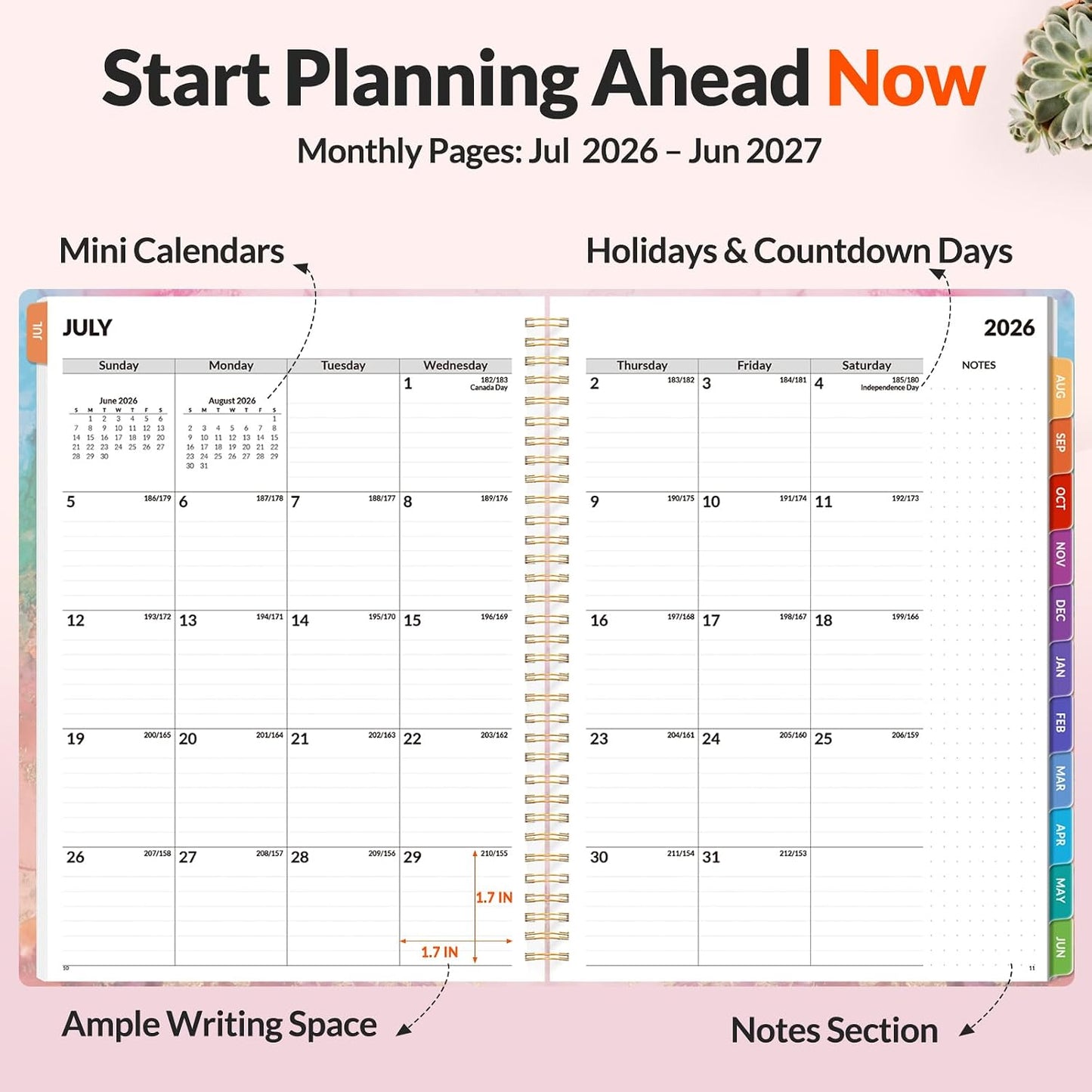 SUNEE Academic Planner 2026-2027 – Weekly & Monthly Planner, July 2026 to June 2027, 6.4"x8.3", Thick Paper, Tabs, Pockets, Bookmark, Spiral-Bound, Student Teacher Organizer, Black