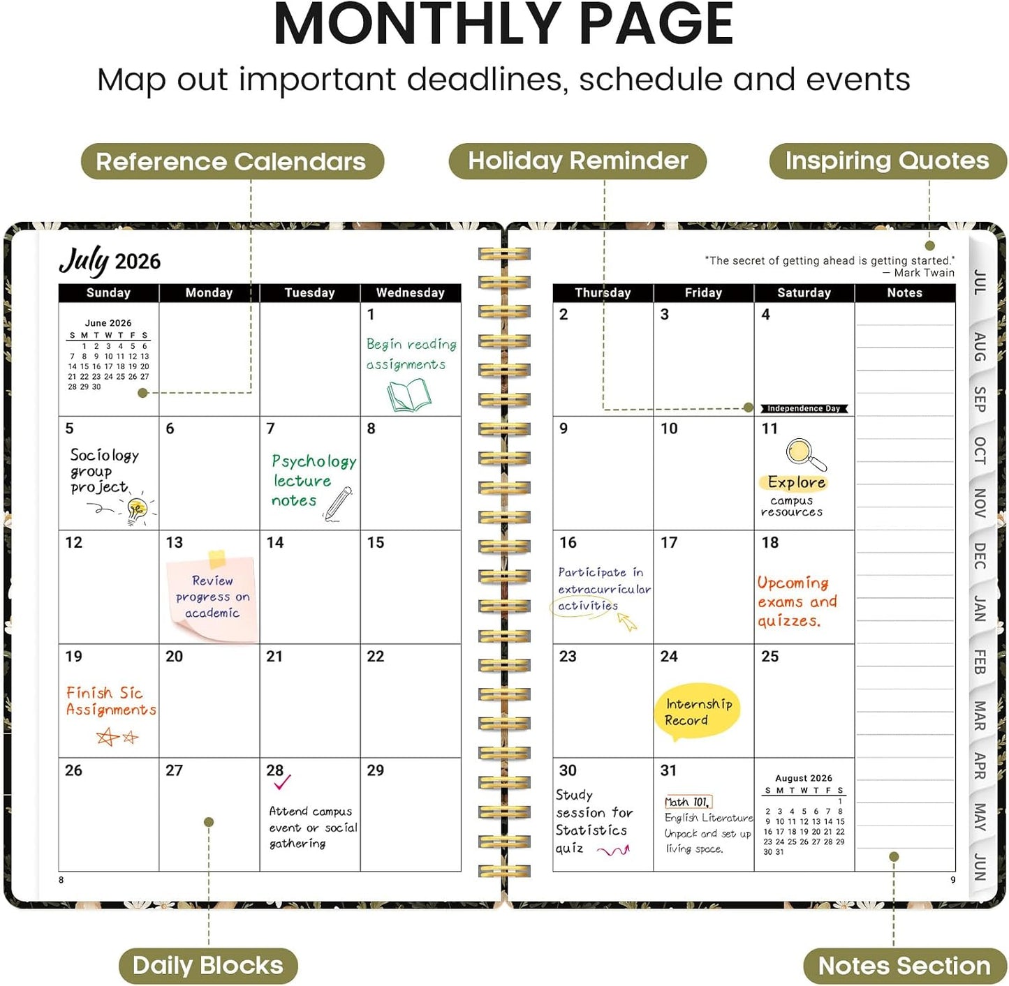 Planner 2026-2027, Academic Monthly and Weekly Calendar Planner for Women, July 2026 - June 2027, Hardcover Pretty Agenda Planner Book with Tabs, Spiral Daily Organizer for School Office Home Supplies, 6.3" x 8.5" - Blue Floral