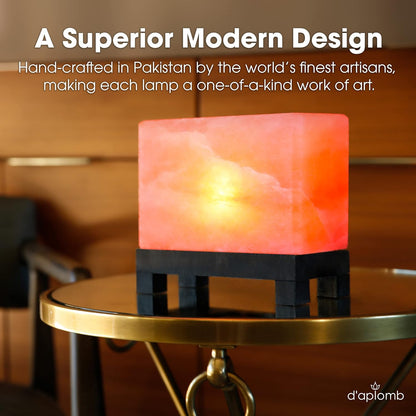d'aplomb 100% Authentic Natural Himalayan Salt Lamp;Hand-Carved Modern Rectangle Rare Pink Crystal Rock Salt from The Himalayan Mountain; Footed Wood Base, Dimmer Cord; 11.5 lbs
