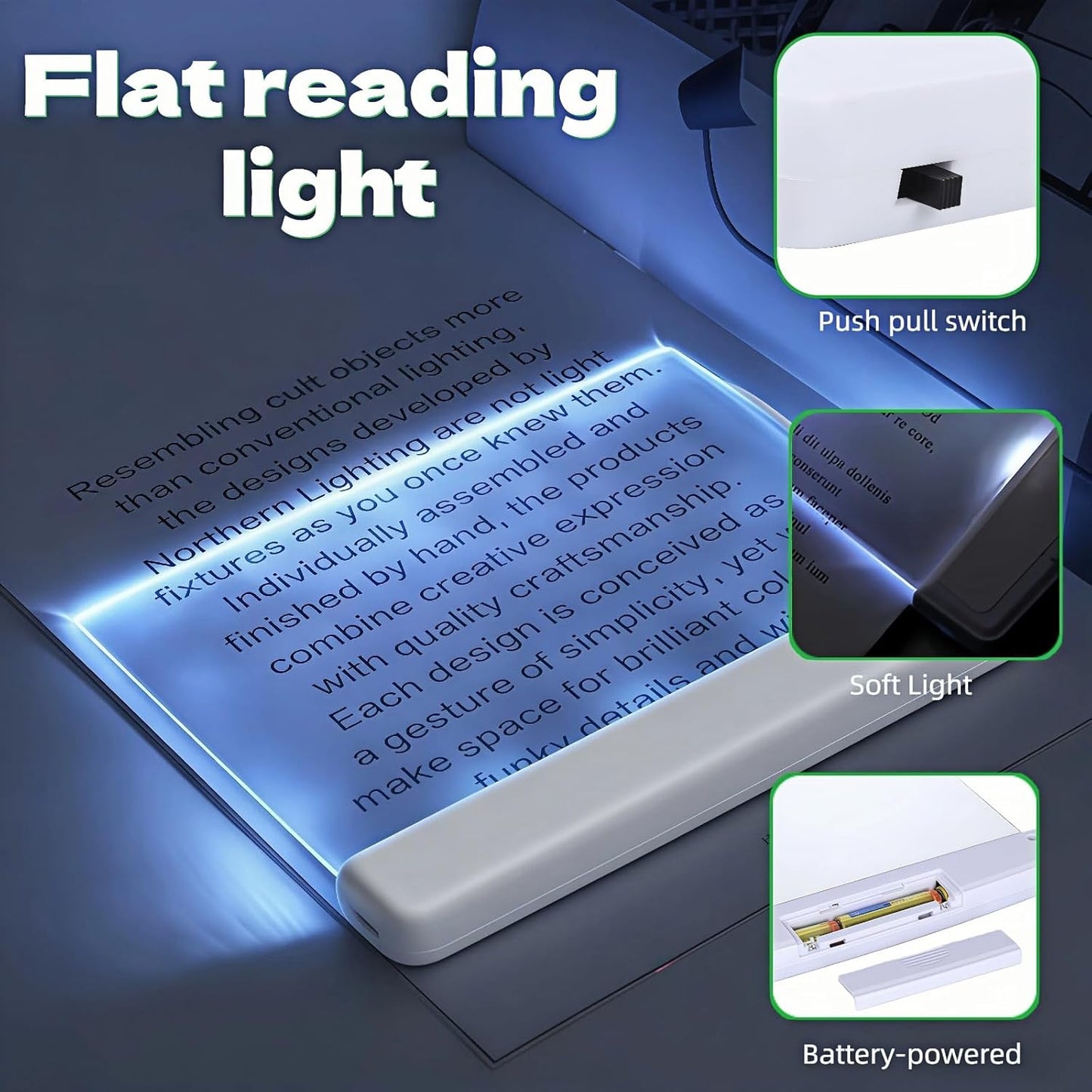 Book Light LED Flat Panel - Wireless Clip-On Eye-Care Page Light for Night Bed Reading, No-Glare Portable Reading Lamp for Students Adults, White