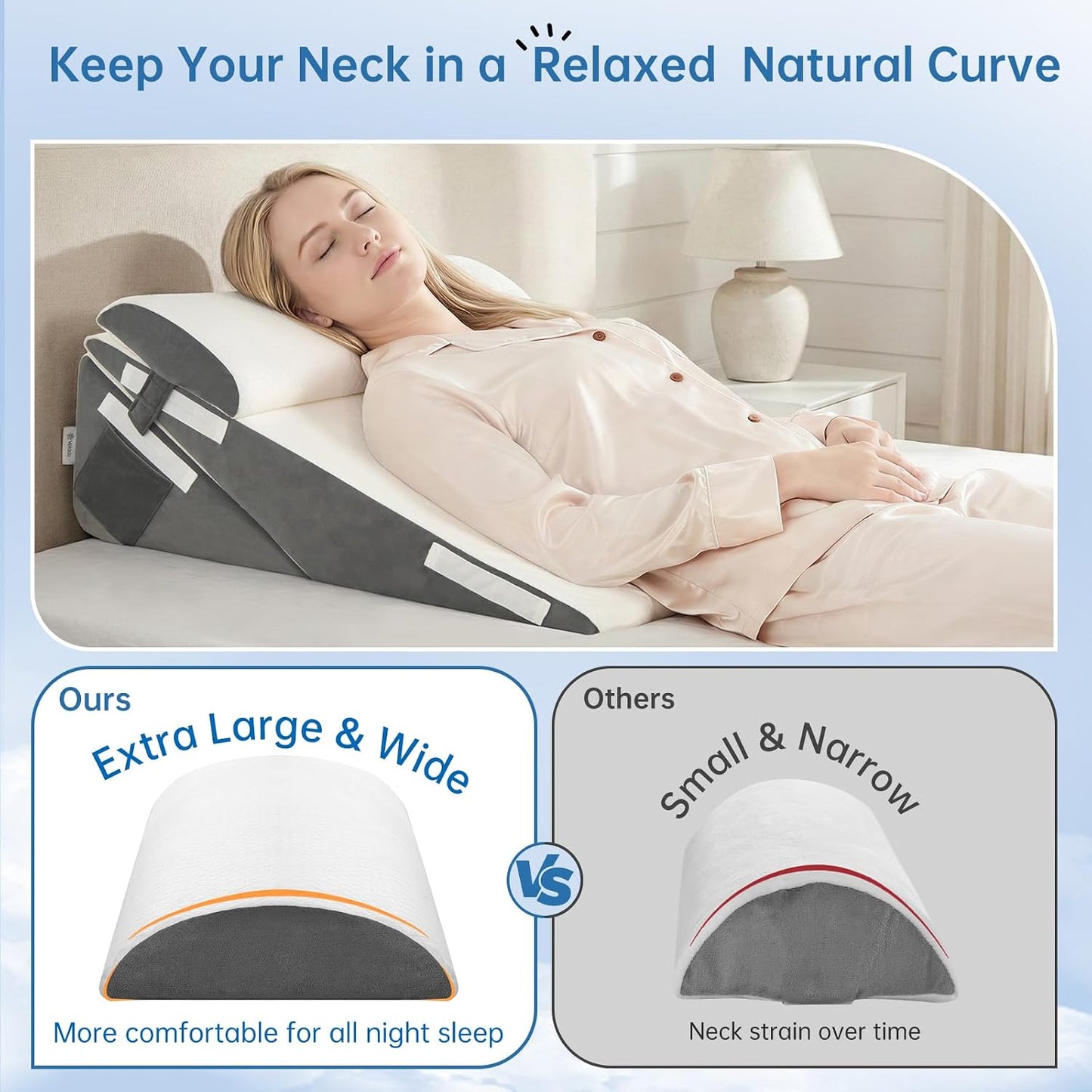 Vekkia 34" Extra-Long Wedge Pillow, Back & Arm Support, Bed Wedge Pillow for Sleeping After Surgery, Acid Reflux, Snoring Relief, Removable Washable Cover & Double Side Pockets, 5.5" Height, Gray
