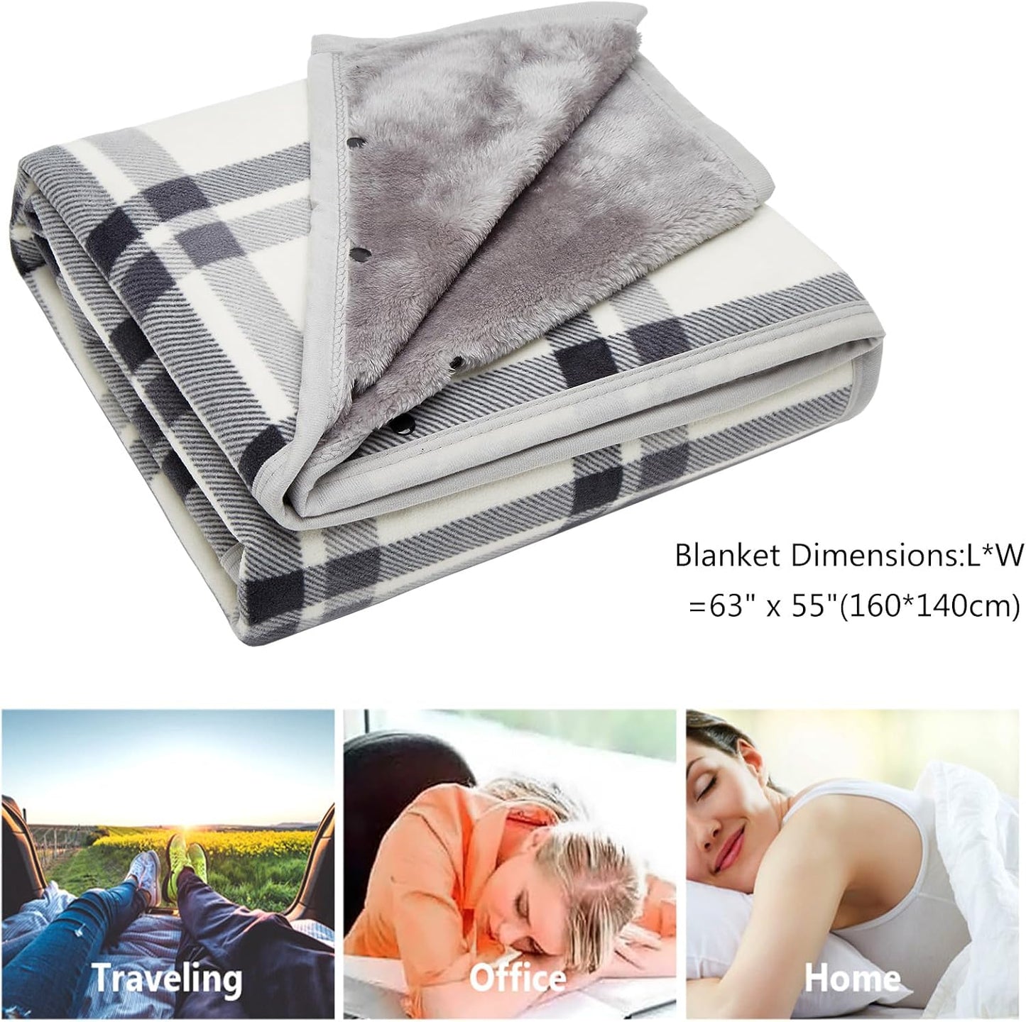 forestfish Fleece Wearable Blanket, Plaid Lap Blanket Comfy Poncho Throw with Buttons for Bed Sofa Office, Grey-White