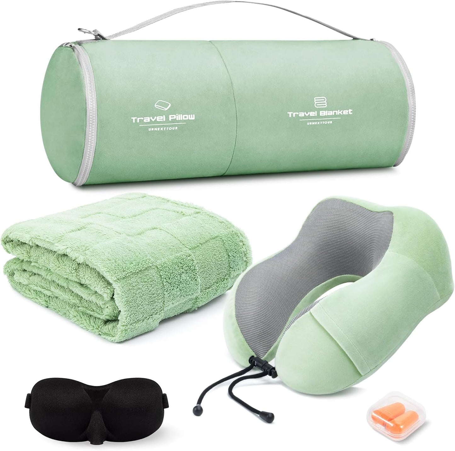 urnexttour Travel Pillow and Blanket Set Neck Pillows Travel Essentials with Sleep Mask for Airplane Car Memory Foam Pink