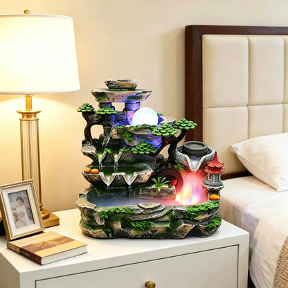 Mini Artificial Bonsai Tree Waterfall Fog Feature Rock Tabletop Fountain | 11in Desktop Decor Waterfall Fountain W/ Water Pump& Atomizer&LED Lights &Fake Tree Office Bedroom Relax