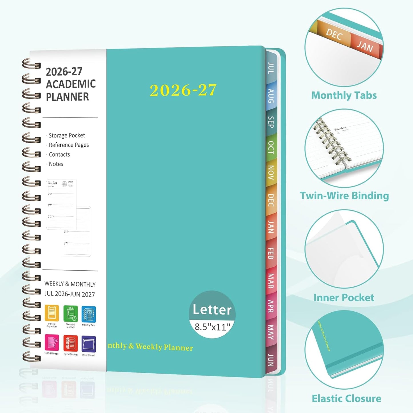Planner 2026-2027, Weekly and Monthly Calendar Planner, JUL 2026 - JUN 2027 | Academic Year, Daily Agenda Book, A5(6.3'' x 8.5''), Sprial Bound, Inner Pocket, Office School Use