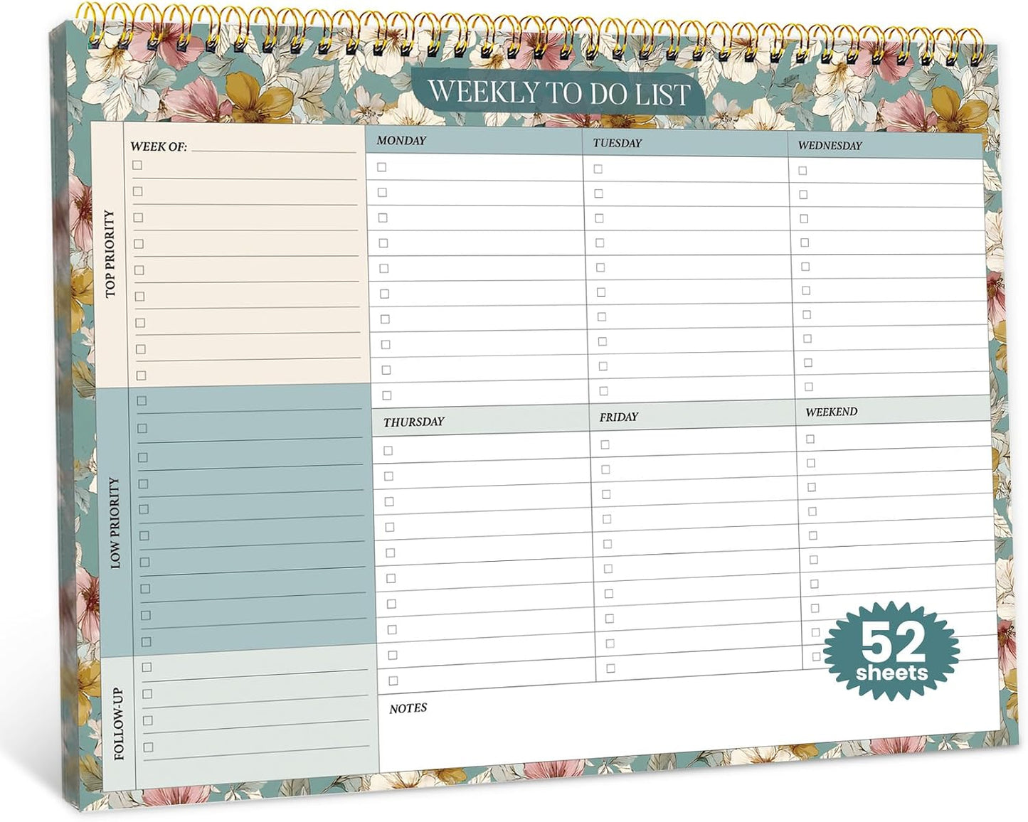 Weekly To Do List Notepad with 52 Undated Sheets（8.5"×11"）- Undated Weekly Planner Notepad for Office Desk Accessories and Supplies - Sunshine Petal