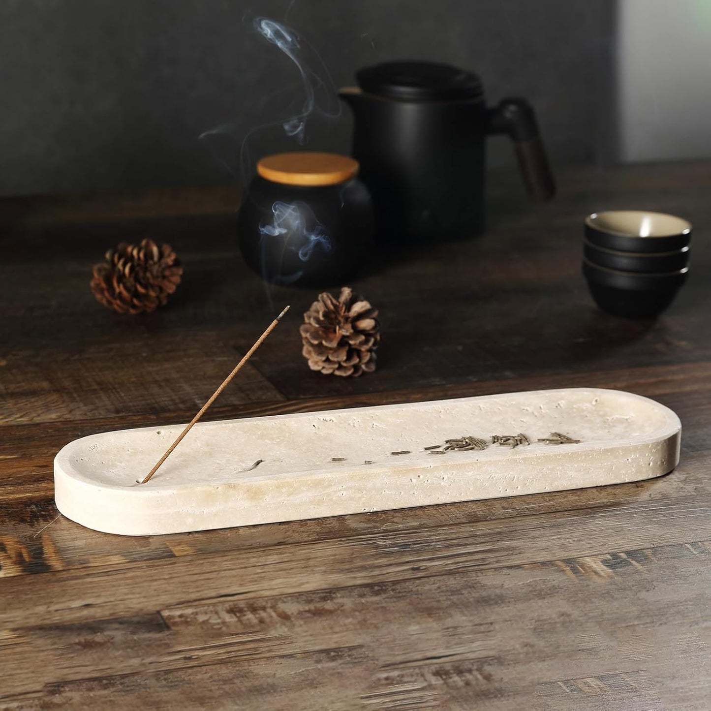 Koville Natural Marble Incense Holder, Incense Holder for Sticks with 9 Holes, Handmade Incense Burner Ash Catcher for Meditation Yoga SPA, Balsam Fir/Palo Santo/Sage/Cone (White)