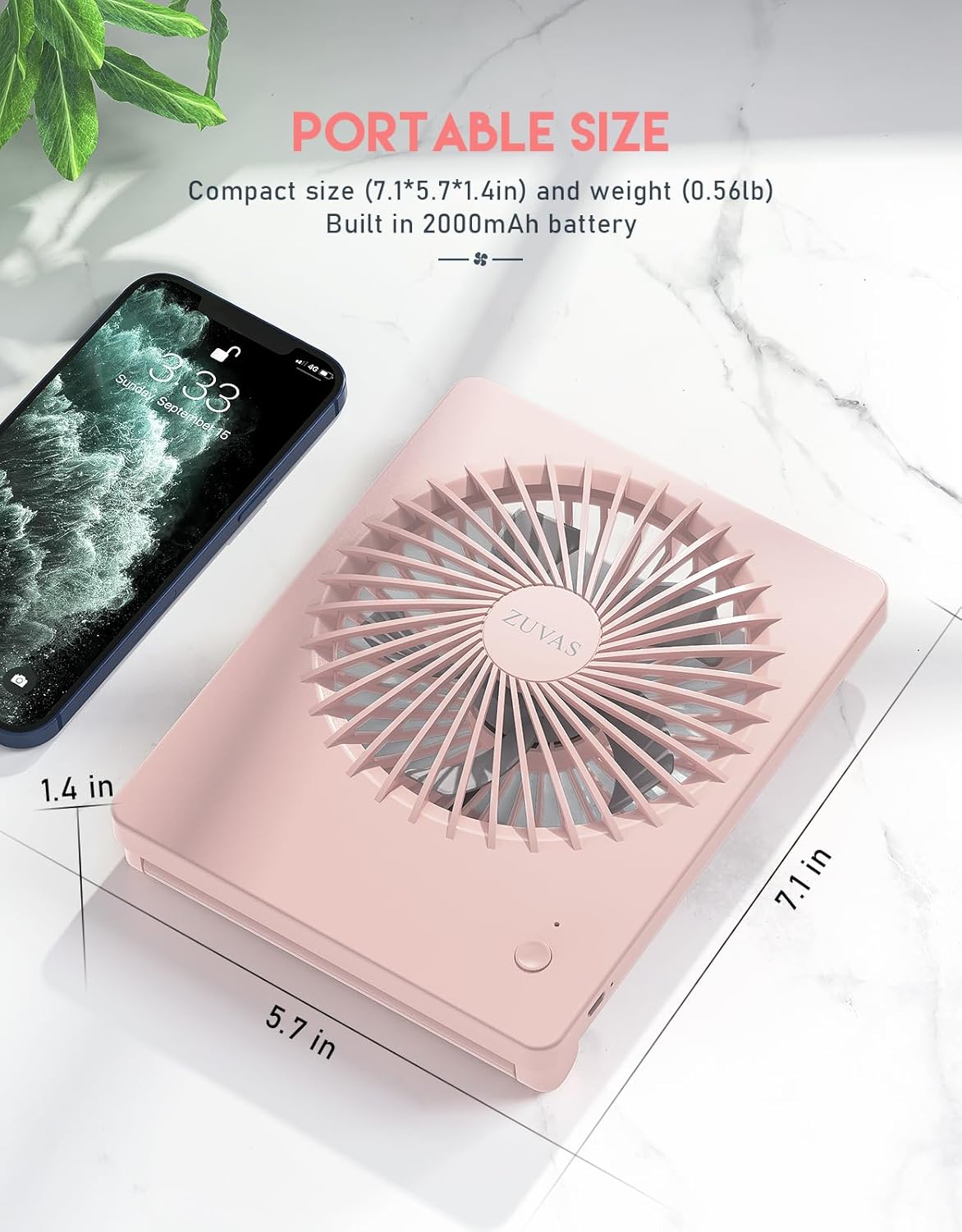 Zuvas Desk Fan Battery Operated Fan Rechargeable 180°Tilt Folding Personal Fan Ultra Quiet Small Portable 3 Speed Adjustable Strong Wind Fan For Office Bedroom Home Desktop Camping (White)