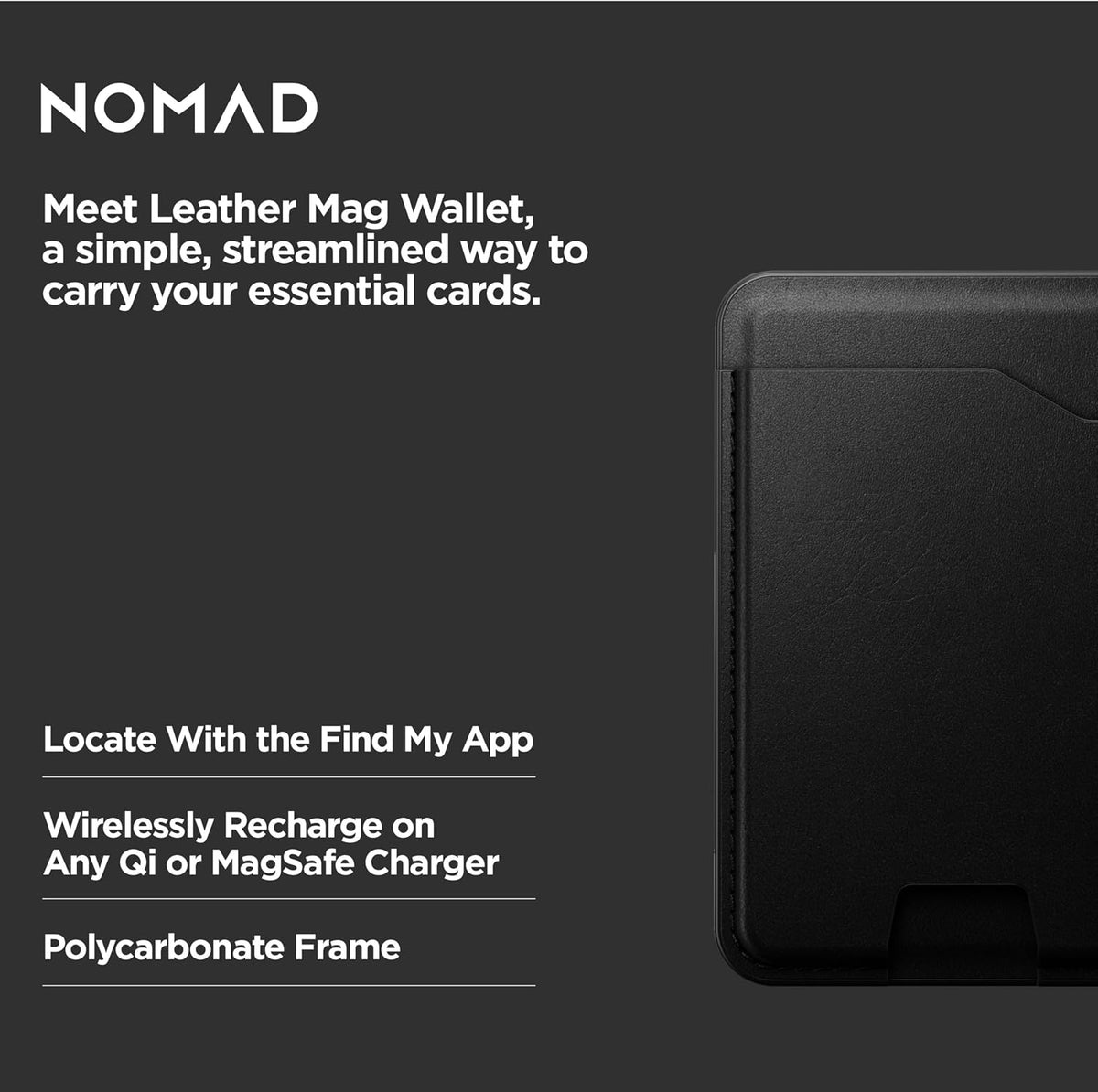 Nomad Leather Black Magsafe Wallet w/Integrated Tracking for iPhone, Slim Magsafe Card Holder for iPhone, Wallet GPS Tracker Card 5 Months Battery Life, Rechargeable, Compatible with iOS Only
