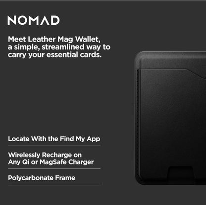 Nomad Leather Black Magsafe Wallet w/Integrated Tracking for iPhone, Slim Magsafe Card Holder for iPhone, Wallet GPS Tracker Card 5 Months Battery Life, Rechargeable, Compatible with iOS Only