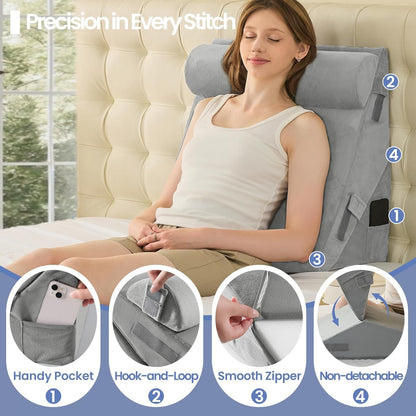 Sasttie Wedge Pillow Set for After Surgery, 2PCS Adjustable Bed Wedge Pillow Headboard with Memory Foam Neck Cushion – for Acid Reflux, Sleeping, Neck & Back Support, Dark Grey & White