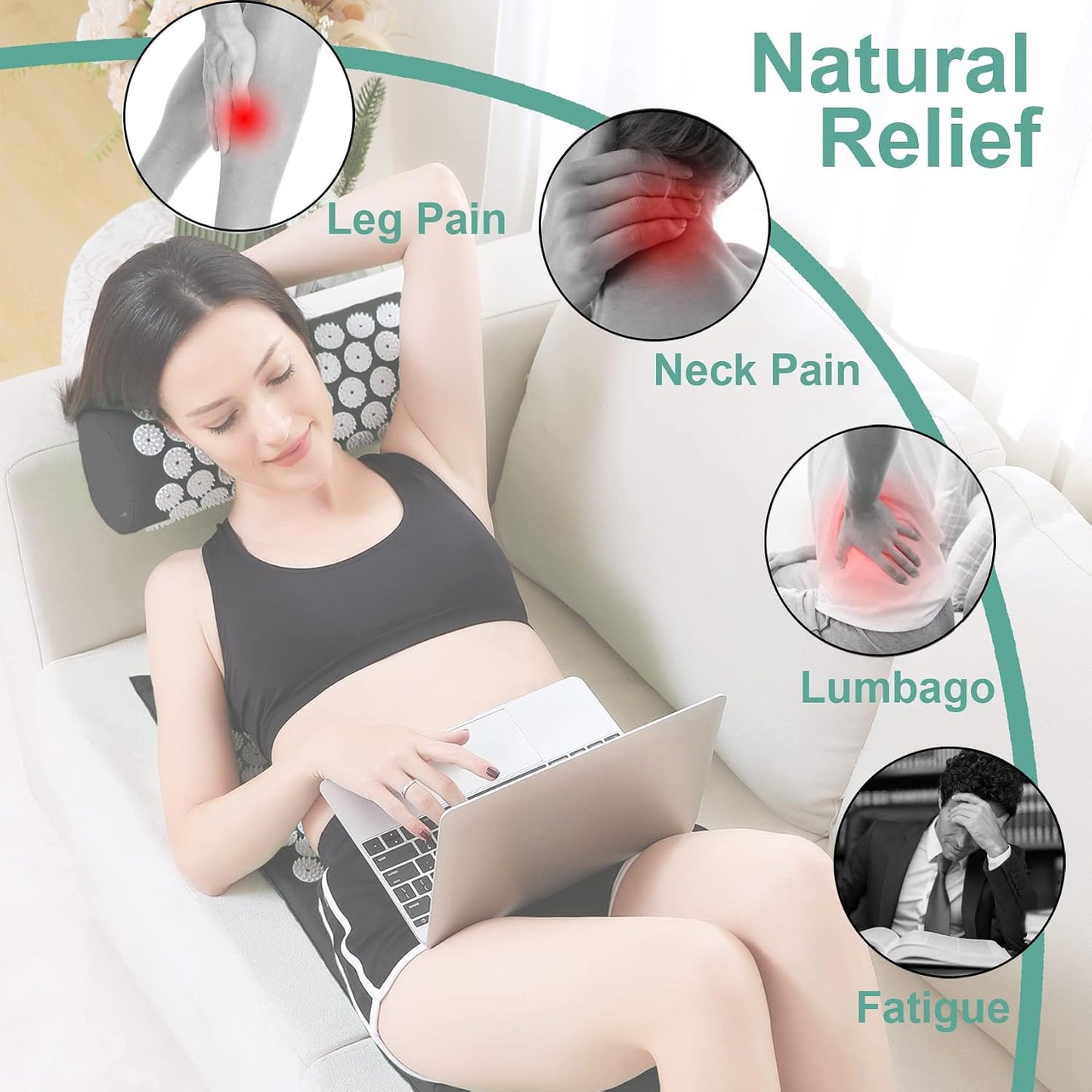 XiaoMaGe Acupressure Mat and Pillow Set with Bag - Extra Long Acupuncture Mat for Neck & Back Pain Relief- Naturally Relaxation Gift for Women - Stress Relief Massage Mat (Black)