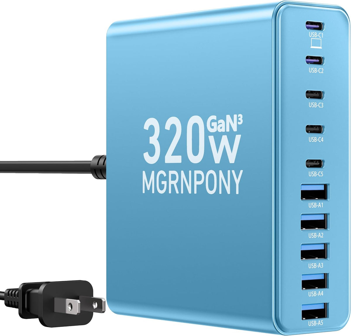 320W USB C Charger Block, MGRNPONY 10-Port GaN USB C Charging Station Black