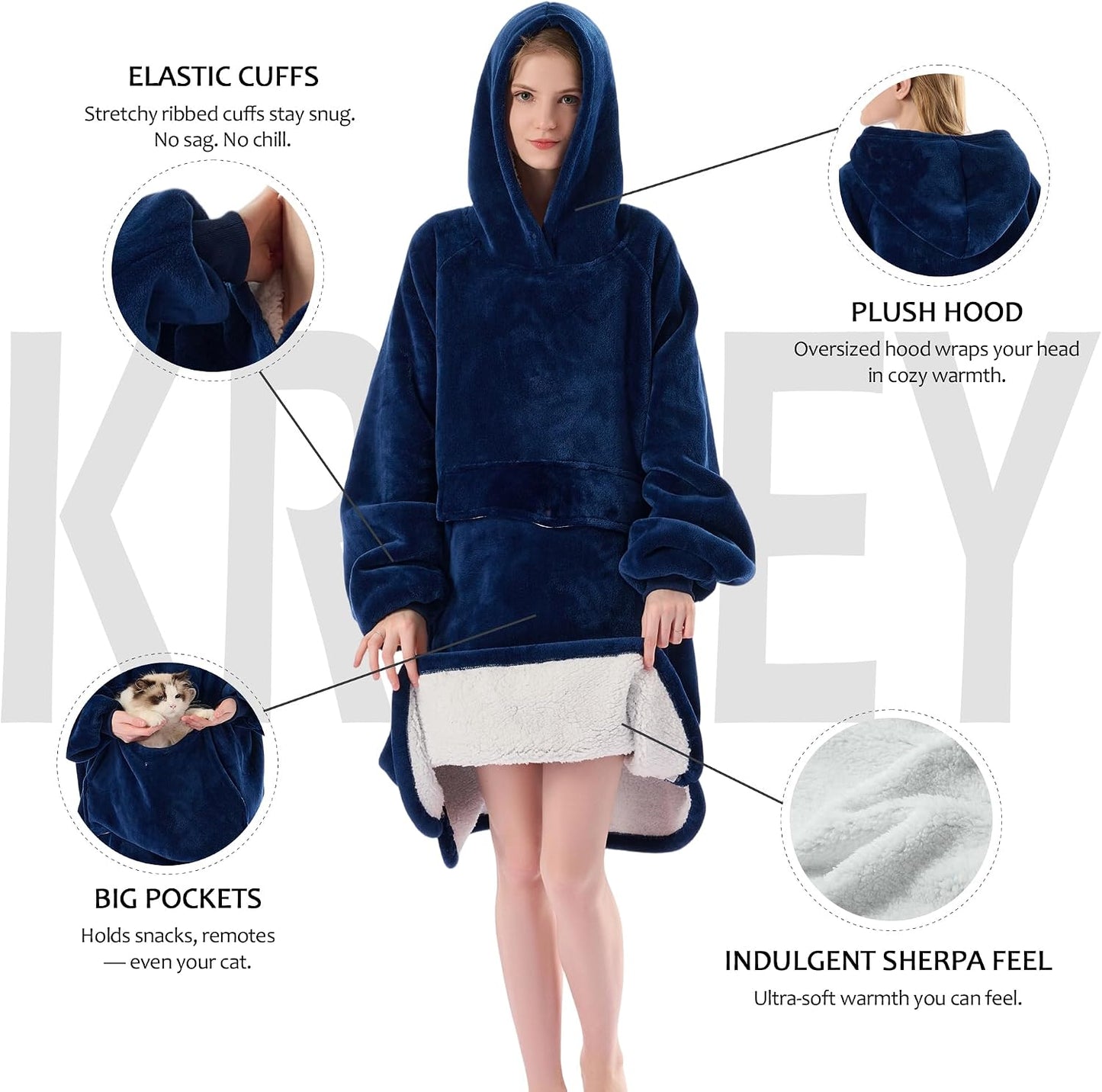 Krifey Wearable Blanket Hoodie, Oversized Sherpa Hooded Blanket for Adults | Soft sherpa fleece with sleeves and pocket; oversized fit for lounging, WFH, camping, Christmas and white elephant gifts.